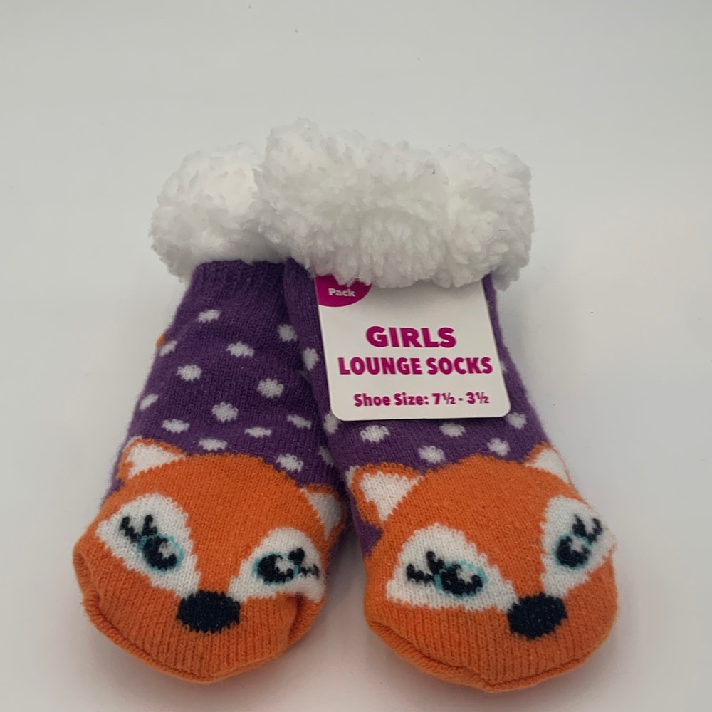 3 for $12 🔥 Girls' Orange and Purple Fox Lounge Socks Size 7 1/2 - 3 1/2